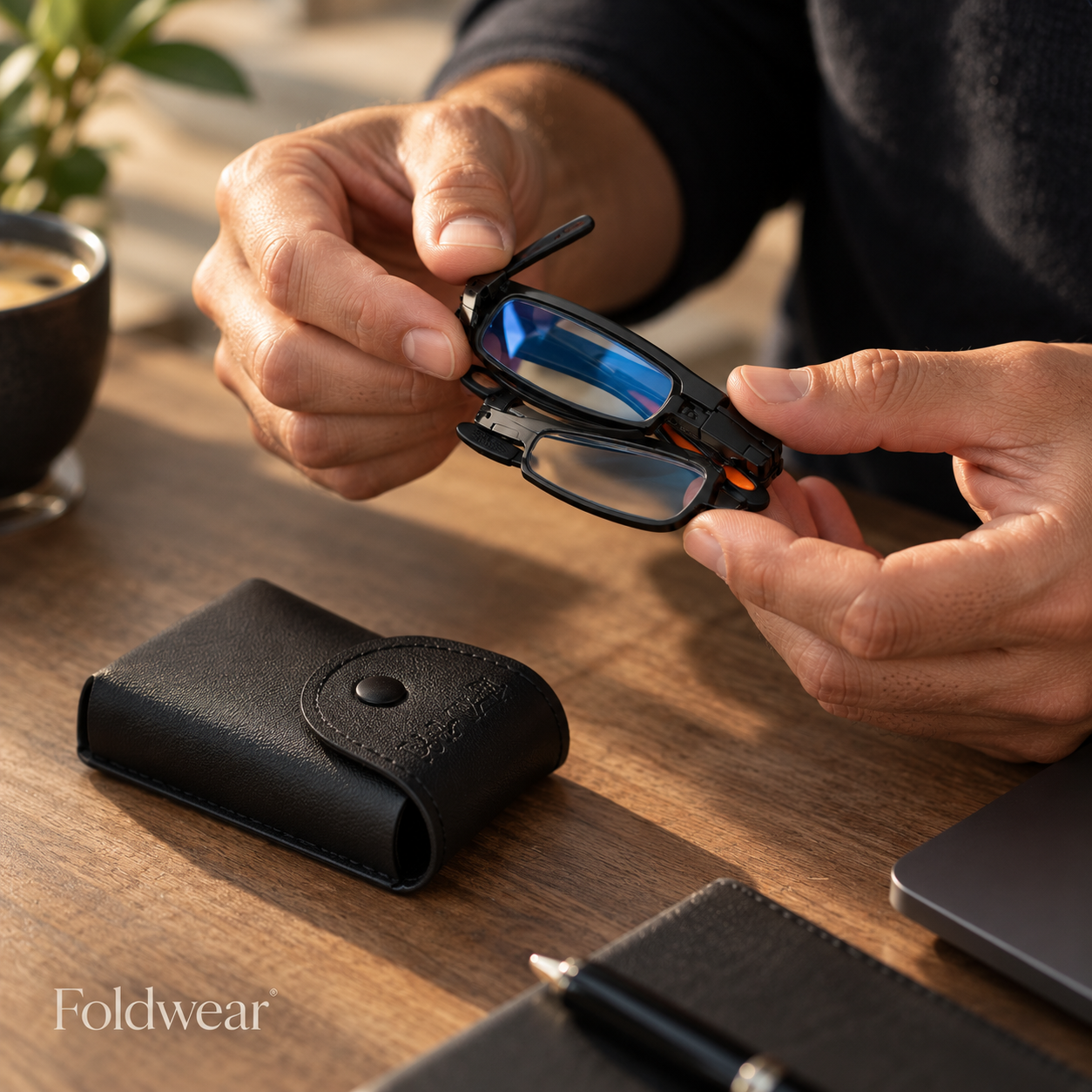 Hands folding the Foldwear Classic reading glasses