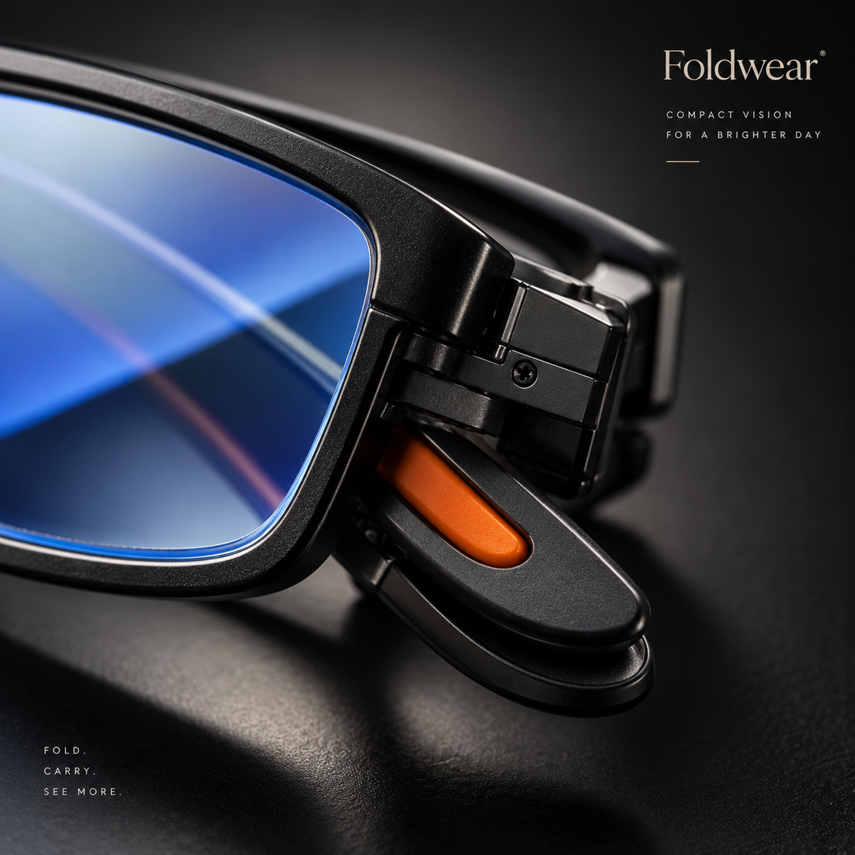 Close-up of the Foldwear Classic folding hinge and blue-light lens