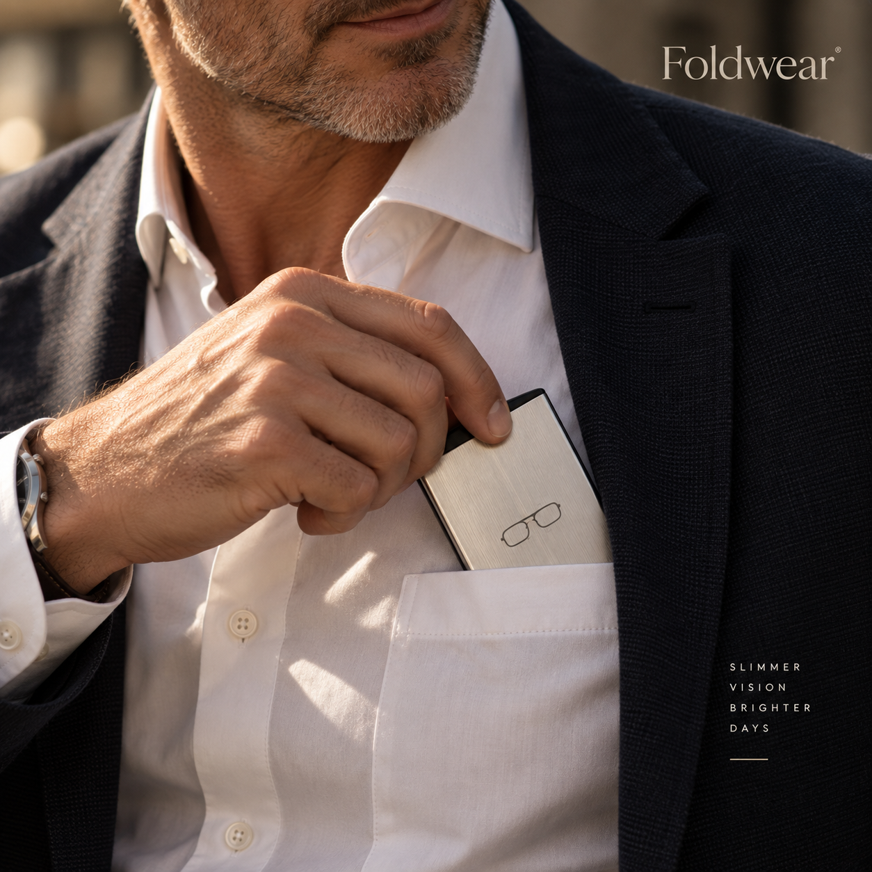 Foldwear Signature metal case in a suit breast pocket