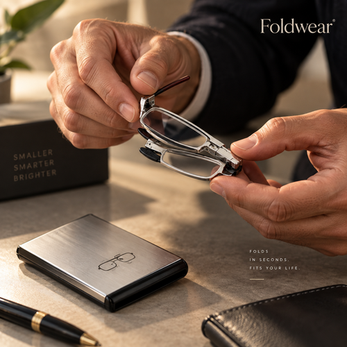 Hands folding the Foldwear Signature steel reading glasses